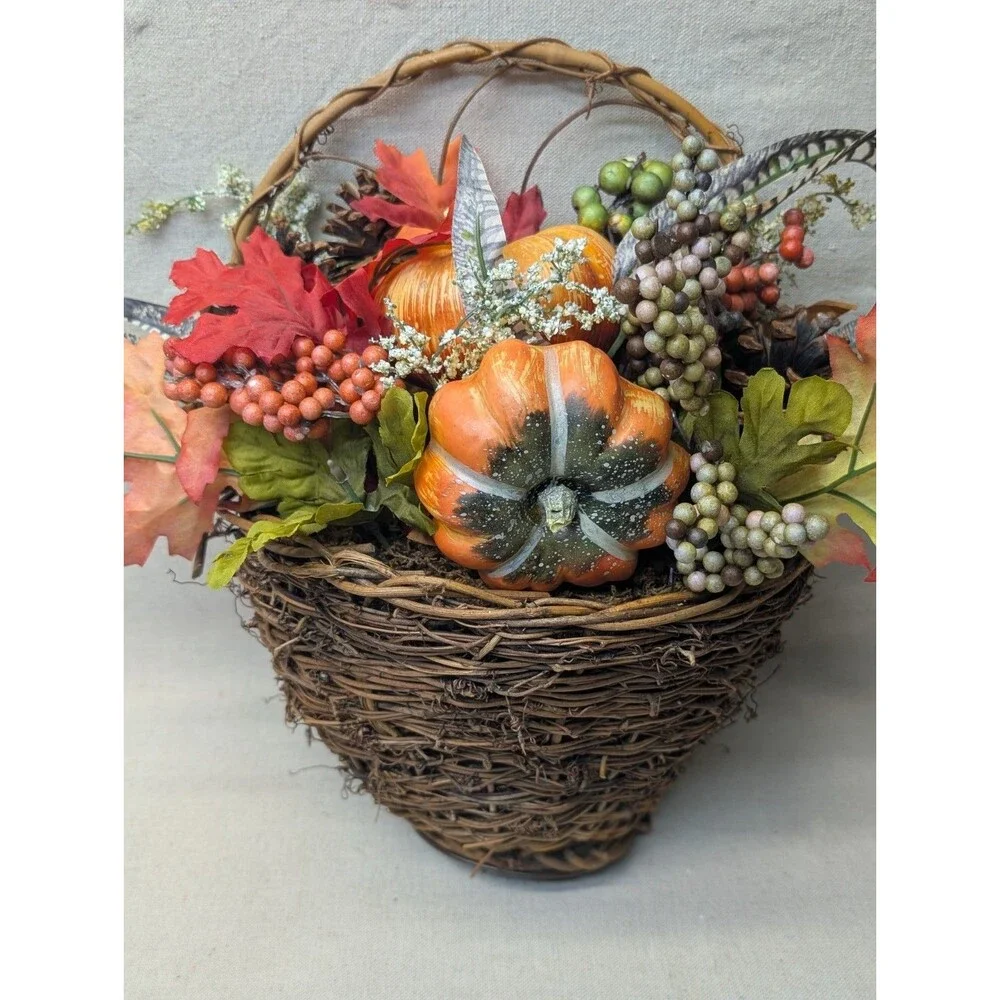 Nearly Natural Faux Pumpkin & Berry Hanging Basket 14